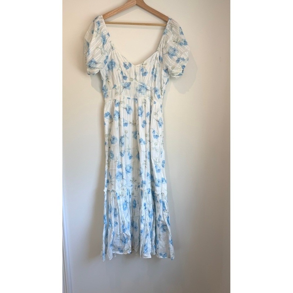 LoveShackFancy Blue Floral Angie Midi Dress, Puffed Sleeve, Size 2